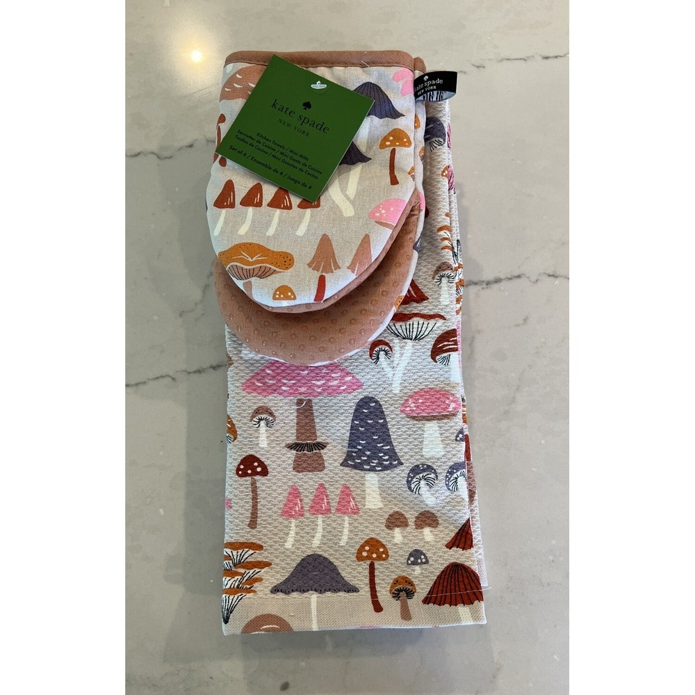Kate Spade 4‎ PC Kitchen Set 2 Dish Towels 2 Mini Oven Mitts Mushroom Pink, NEW